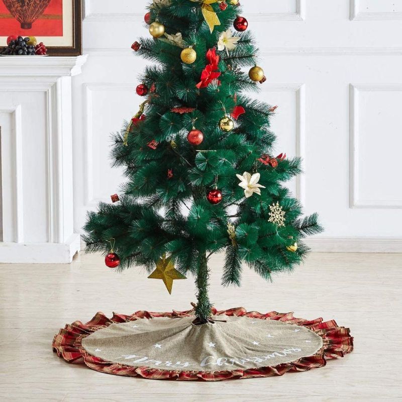 Burlap Tree Skirt 48 Inch Round Hot Sale New Year Decoration Linen Christmas Tree Skirt with Snowflake