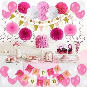 Pink Hanging Swirls Latex Balloons Paper Pompoms Birthday Party Supplies