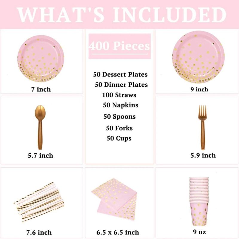 Decorlife Pink Paper Plates Serve 50, Party Plates and Drinking Straws Included for Pink and Gold Birthday Party Supplies, Total 400PCS