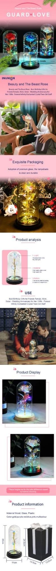 24K Colorful Foil Rose Glass Dome Artificial Flower Unique Gifts Valentine′s Day Thanksgiving Mother′s Day Girl′s Birthday