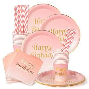 Disposable Pink Dinnerware, Plates, Cups &amp; Napkins for Birthday Party Decor