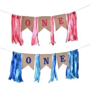 Baby&prime;s 1st Birthday Celebration Mabula Banner Blue Pink One Burlap Streamer