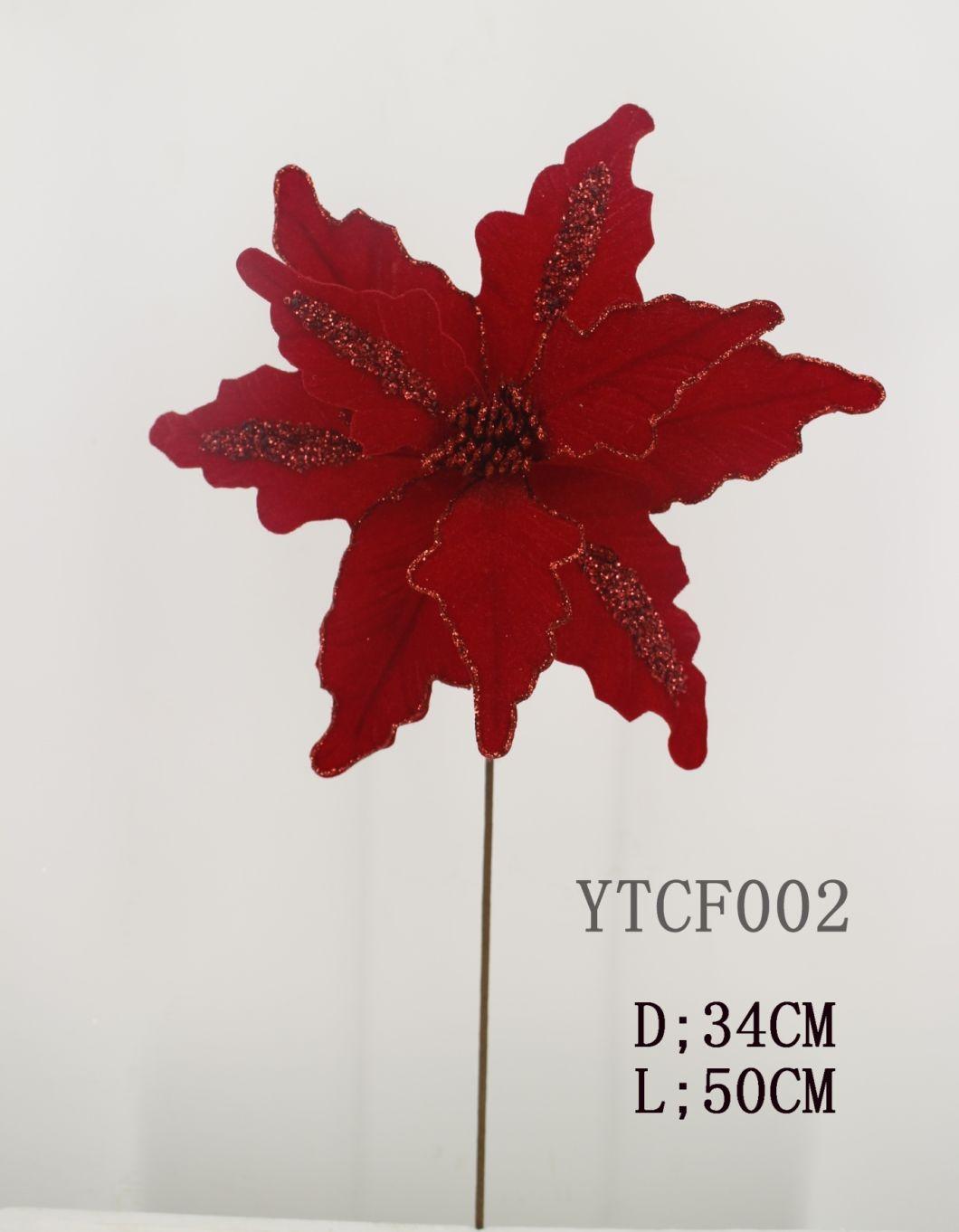 Ytcf013 Hot Selling Velvet Red Poinsettia Flowers Christmas Florals